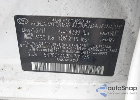 2011 Hyundai Sonata Se from USA, damaged, VIN 5NPEC4AC2BH301775